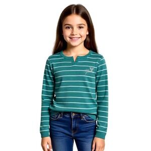 GUESS Girls Teal Green Striped Rhinestone Logo Long Sleeve Sweater Lg 12/14NWT